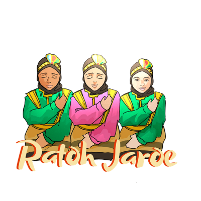 Ilustrasi tiga penari Ratoh Jaroe mengenakan busana tradisional Aceh