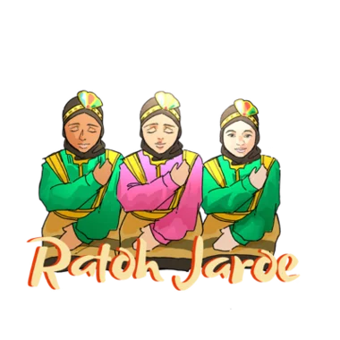 Ilustrasi tiga penari Ratoh Jaroe mengenakan busana tradisional Aceh