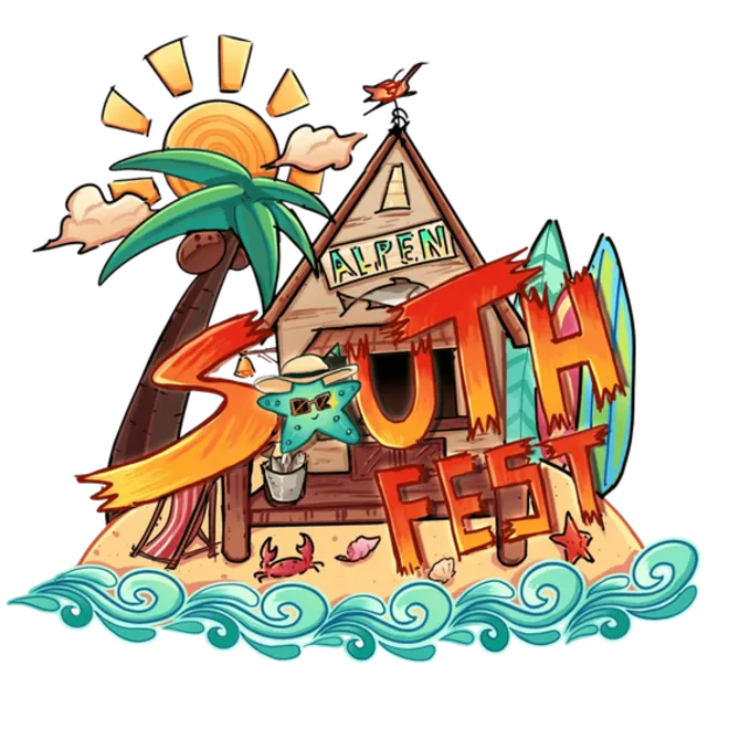 Logo Alpen Southfest 2026: rumah pantai, pohon kelapa, dan papan selancar di tepi ombak
